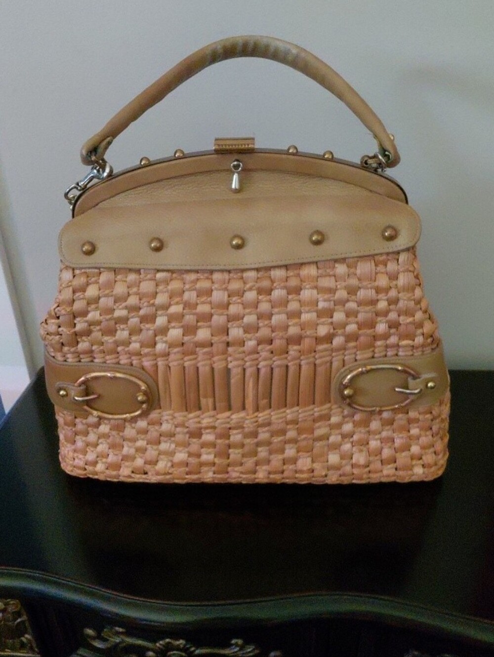 Vintage Wicker Leather Carpet Bag Style Purse W/Gold Studded Accents
